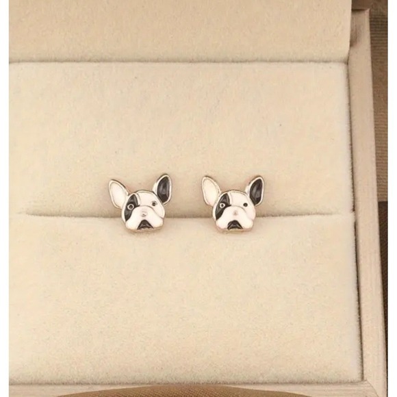 French Bulldog Enamel Stud Earrings Gold Tone Black White Dog Jewelry Frenchie - Picture 4 of 4